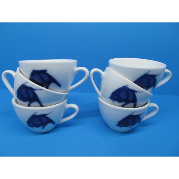 Misty Rose Blue Koi Fish Tea Cups Super White China Bundle of 6 - Picture 7 of 7
